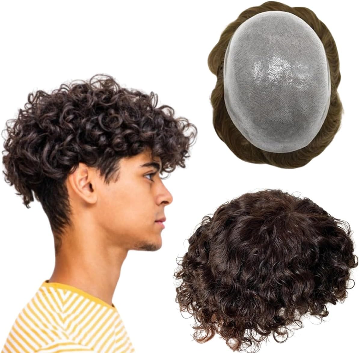 Toupet pour hommes, perruques en cheveux naturels, toupet pour hommes avec base PU souple, perruque ondulée pour hommes 10mm, cheveux de toupet, 10" x 8" (#2 brun foncé)