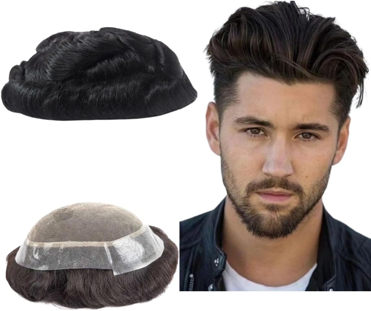 Toupet pour hommes - Perruque de cheveux humains vierge européenne, ondulée bouclée, système de remplacement de cheveux véritables pour homme DE Patch (15,2 x 22,7 cm) 6x9"