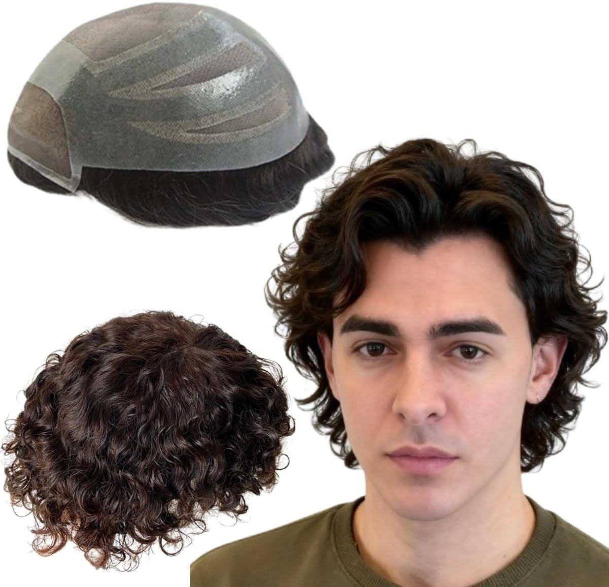 Toupet pour hommes Perruques de cheveux humains Virgin Units de Cheveux Bouclés Perruque Cheveux Véritable Système de Remplacement pour homme #2 Brun foncé