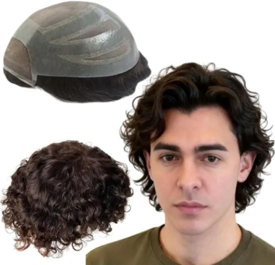 Toupet pour hommes Perruques de cheveux humains Virgin Units de Cheveux Bouclés Perruque Cheveux Véritable Système de Remplacement pour homme #2 Brun foncé