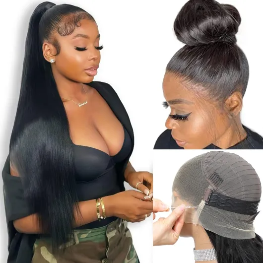 Hidden Straps Perruque Cheveux Humain 360 Full Lace Front Human Hair Wig With Drawstring，Invisible Strap 200% Densité Straight Perruque Femme Naturelle Black Pre Plucked With Baby Hair 22 pouces（56cm） 22 Pouces Natural black