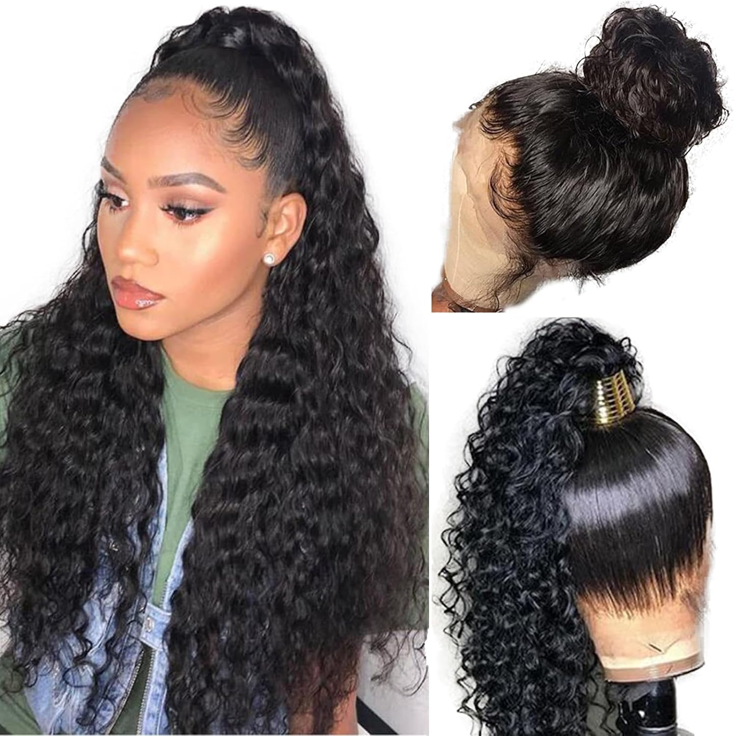 Hidden Strap 360 Drawstring Full Lace Front Wigs Human Hair Pre Plucked 200 Density Deep Wave Perruque cheveux humain 360 Invisible Drawstring Glueless Wig Human Hair For Black Women 14 pouces(36cm) 14Pouces/36cm Deep Wave 360 Wig
