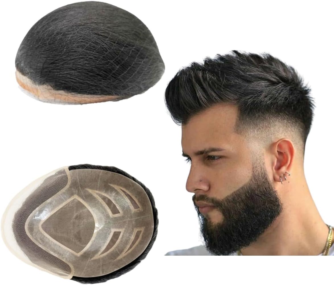 FPM Toupee pour Hommes - Système de Remplacement de Cheveux Humains 25,4 x 20,32 cm - Postiches Prothèse Capillaire (#1B Noir Cassé)