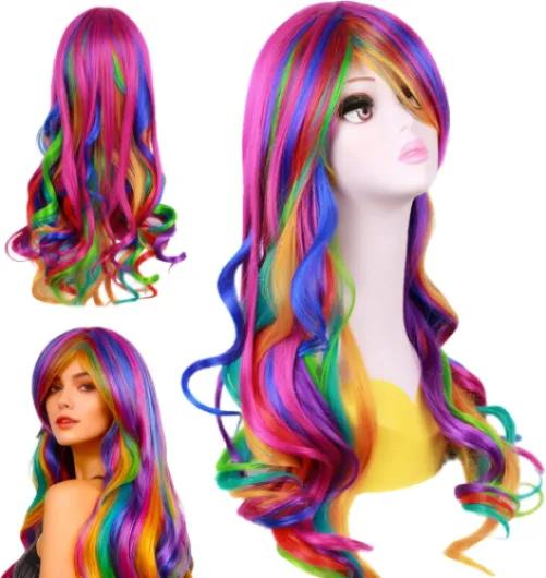 Élégant longue perruque arc-en-ciel ondulé, Perruque multicolore longue et bouclée 27 Pouces/70Cm, Perruque arc en ciel pour femmes, Perru-que arc-en-ciel ondulée, pour femmes et filles, Cosplay
