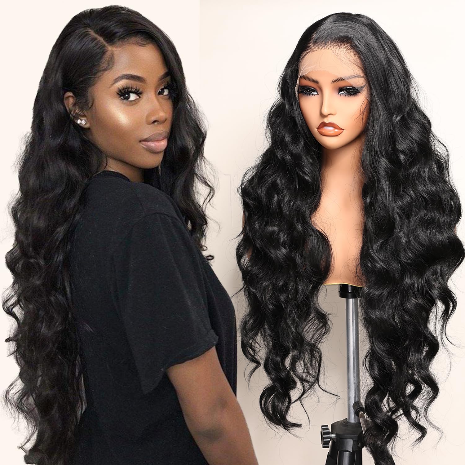 SOKU Perruque Synthétique de haute qualité Ondulée Longue Noire 81cm 13x6 Dentelle frontale avec Baby Hair pour Femme Naturelle Noir(1B)