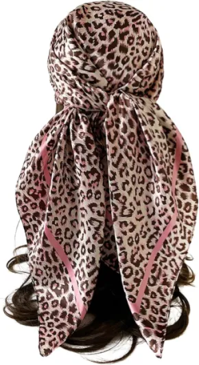 Écharpe en Satin pour Femmes 35 Pouces Foulard Carré Imprimé Accessoire Élégant pour Cheveux Tête ou Sac Lignes Roses Léopard 90 x 90 cm