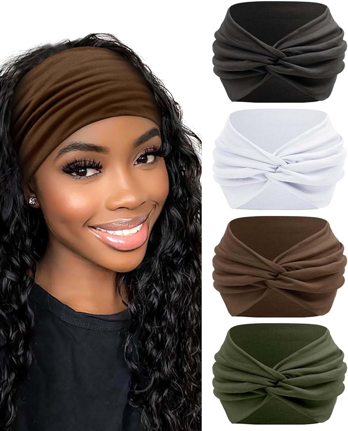 Bandeau Cheveux Femme, 18cm Extra large Bandeaux Mode pour Femmes Élastique Bandana 4 Pcs Headband Multicolore Accessoires Cheveux Noir, blanc, marron, vert