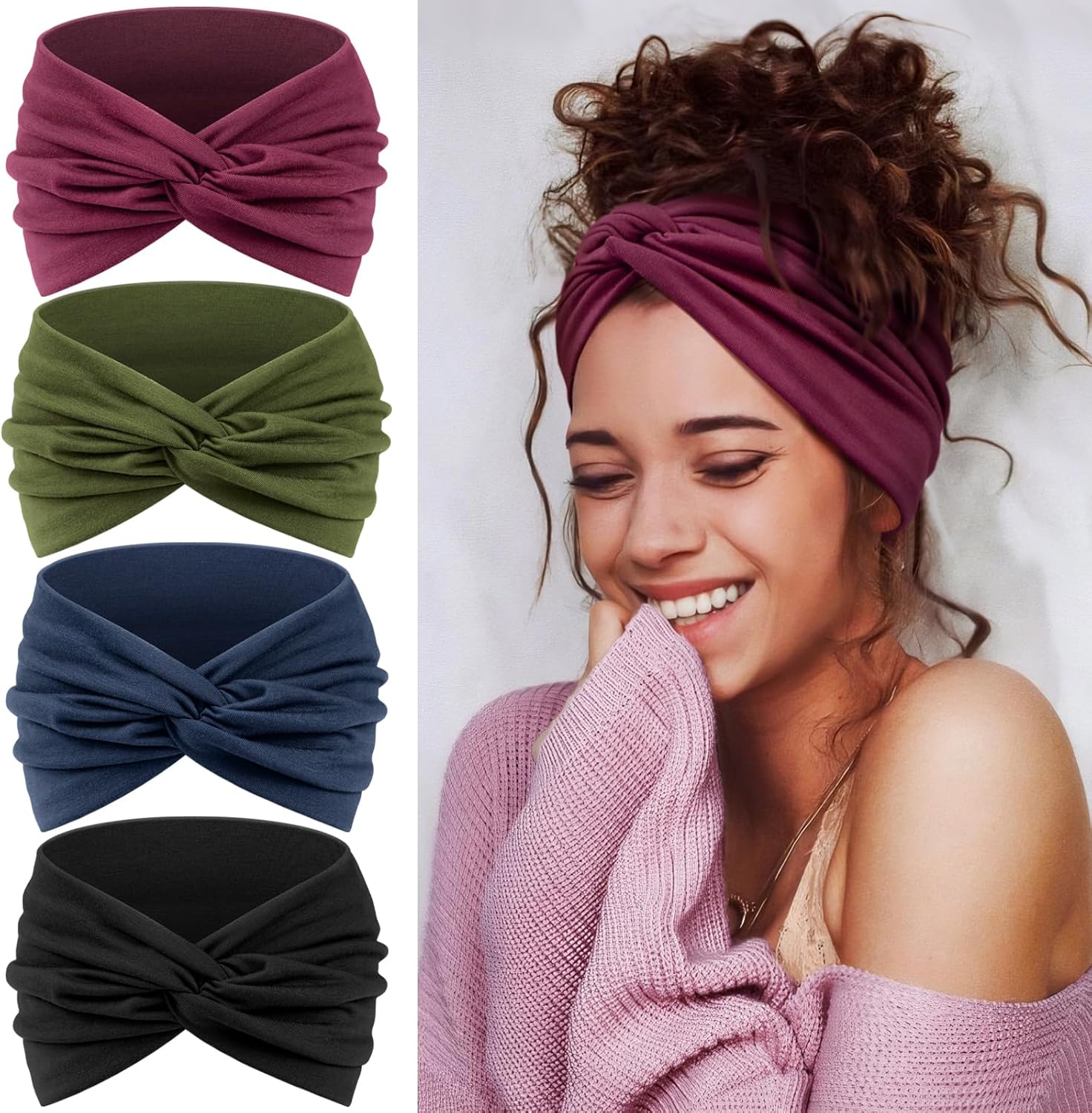 4 Bandeau Cheveux Femme, Turban Serre Tete Femme– Large Bandeau Sport Headband Élastique Doux pour Yoga & Fitness – Mode Accessoire Cheveux Noir, violet, vert, bleu