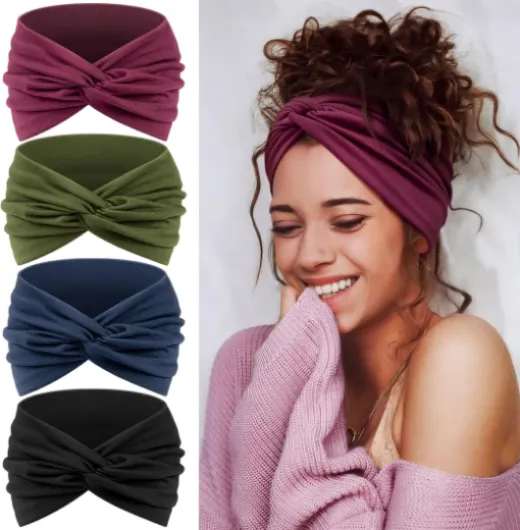 4 Bandeau Cheveux Femme, Turban Serre Tete Femme– Large Bandeau Sport Headband Élastique Doux pour Yoga & Fitness – Mode Accessoire Cheveux Noir, violet, vert, bleu