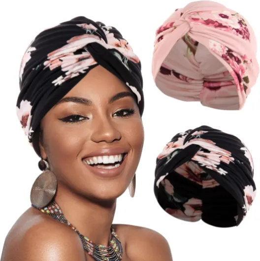 XEPST 2 Pièces Turban Femme Cancer Musulmanes Bonnet, Chapeau de Chimiothérapie Femme Noir, Rose