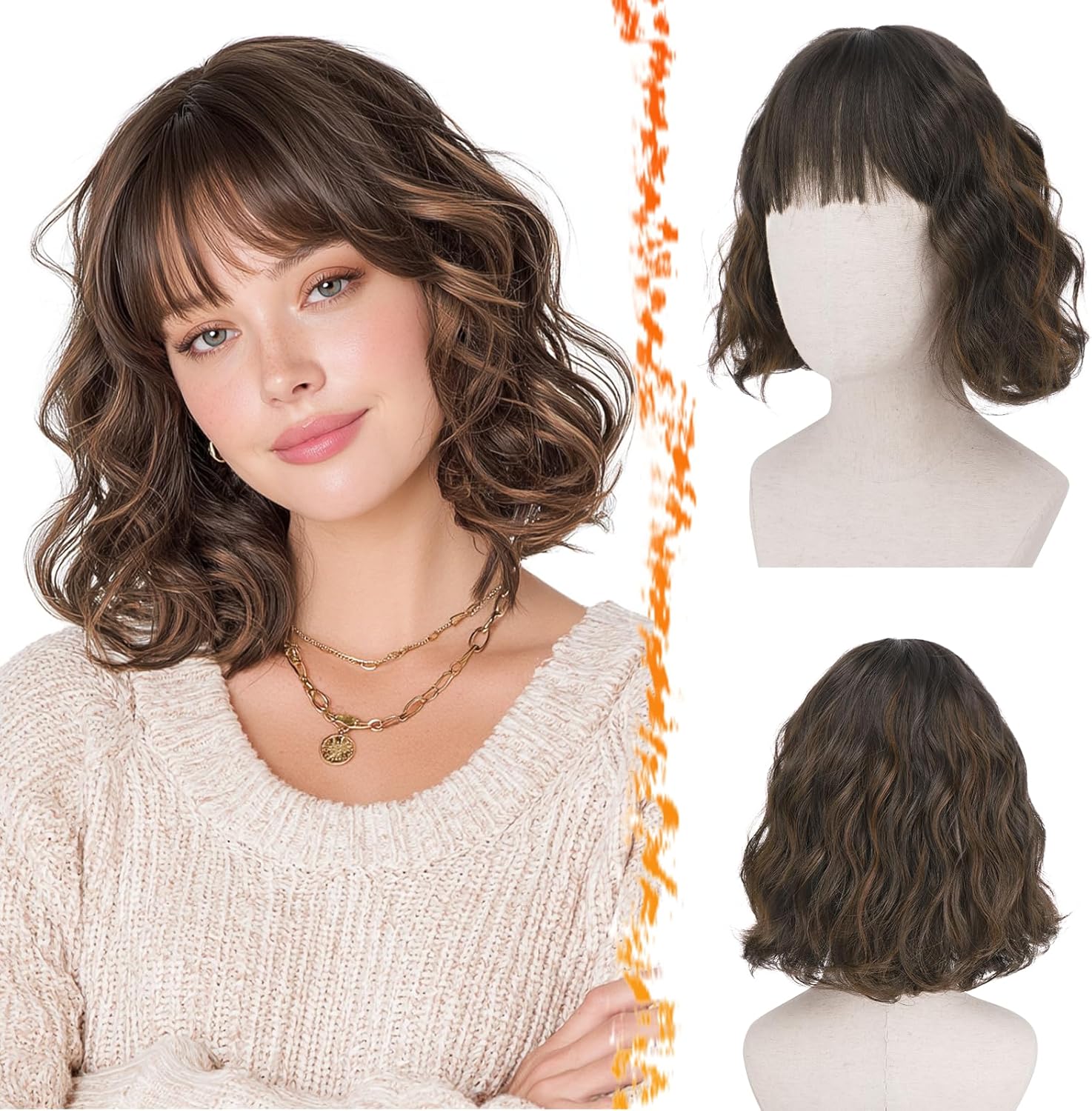 Perruque avec Franges, Courte Ondulée Perruque Bob Mix Brun pour Femmes Bouclée Bob Perruques avec Franges Synthétiques D'aspect Naturel Cheveux Perruques Wear Cosplay Partie 30cm Mix Brun