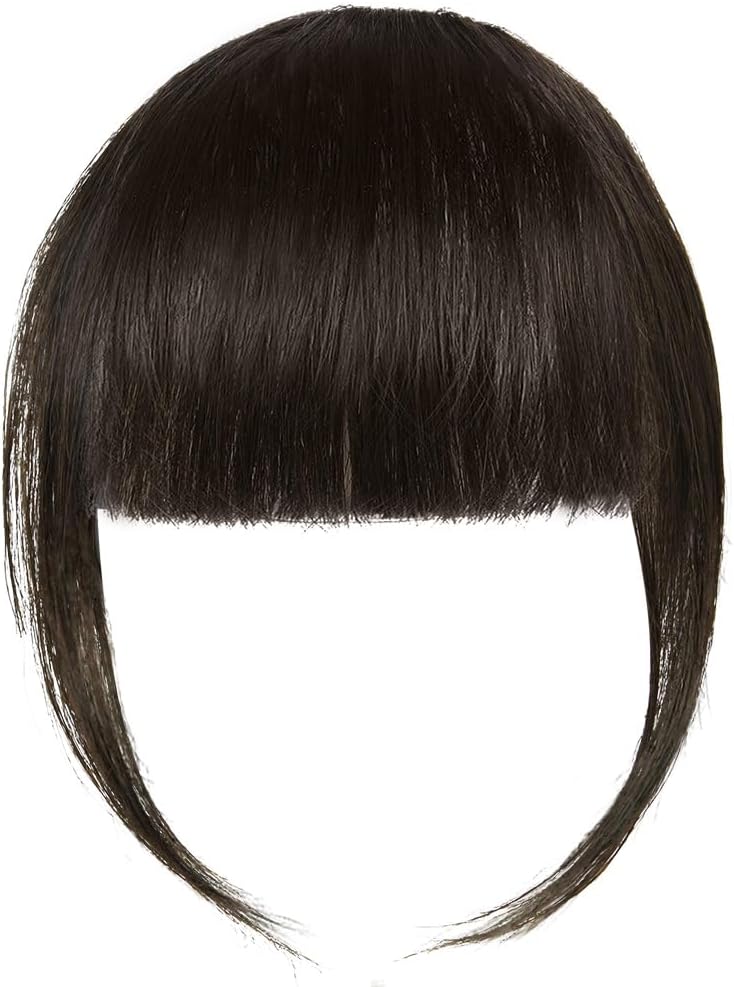 LOPHE Frange à Clip, Bangs Neat Une Extension de Cheveux à Clipser Air Bangs avec Temples, Mini Frange de Cheveux Mode pour Femme à Porter au Quotidien, Marron Noir(A) De vrais cheveux humains A-Marron Noir