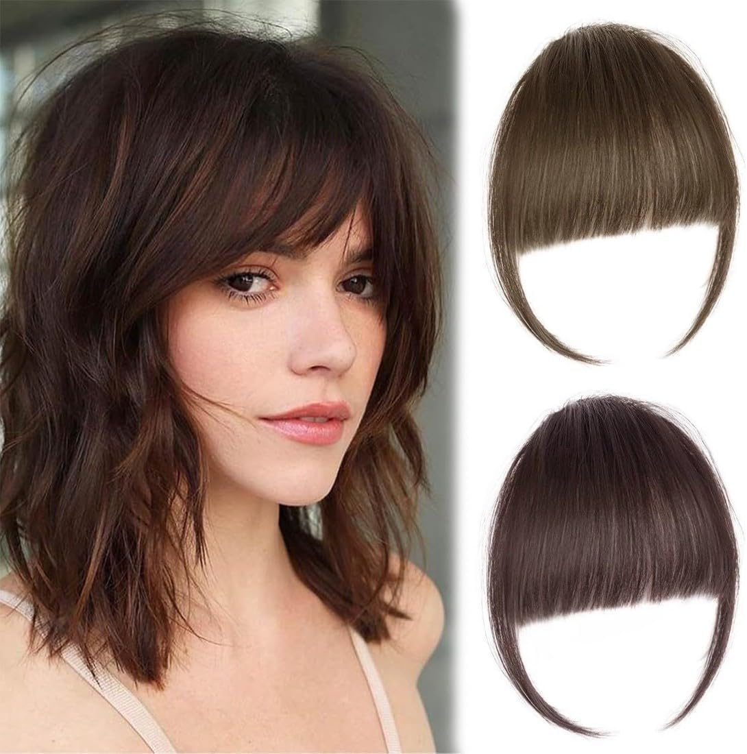 2 Pcs Frange a Clip Cheveux Naturel, extension cheveux naturel clip, fausse frange, Clip en French Bangs, Mini Frange de Cheveux Mode pour Femme à Porter au Quotidien(Brun clair et brun foncé)