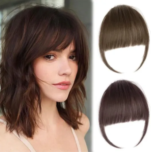2 Pcs Frange a Clip Cheveux Naturel, extension cheveux naturel clip, fausse frange, Clip en French Bangs, Mini Frange de Cheveux Mode pour Femme à Porter au Quotidien(Brun clair et brun foncé)