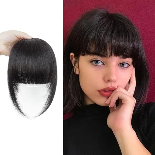 Extensions de cheveux 100 % humains à clipser pour femme - Frange française avec tempes - Couleur naturelle - Lavable - Pour un usage quotidien, un mariage ou une fête (résistantes à la chaleur