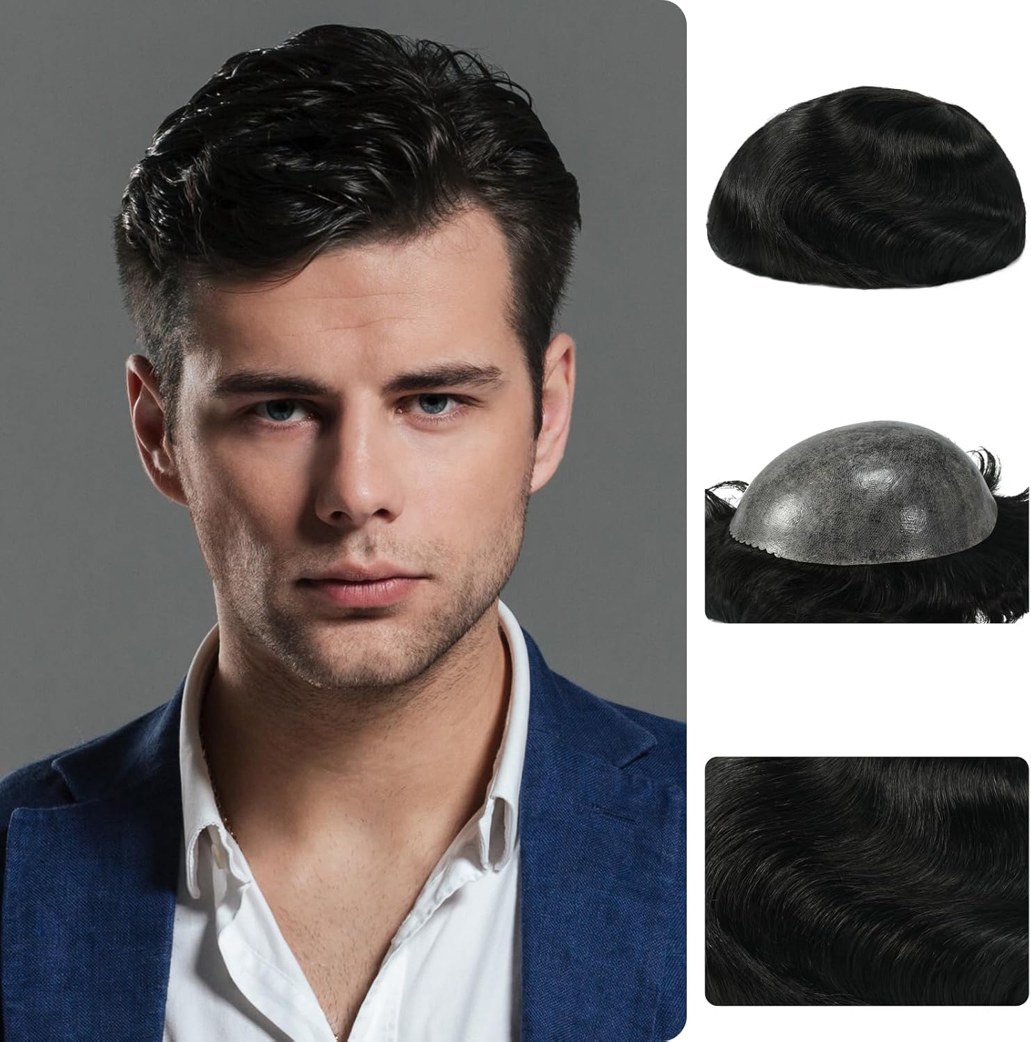 Zakya Perruque pour Homme, 100% Cheveux Humains, Système de Remplacement de Cheveux, Toupet Cheveux Humains, Taille de Base 20 x 25 CM (Noir Naturel 1A#)