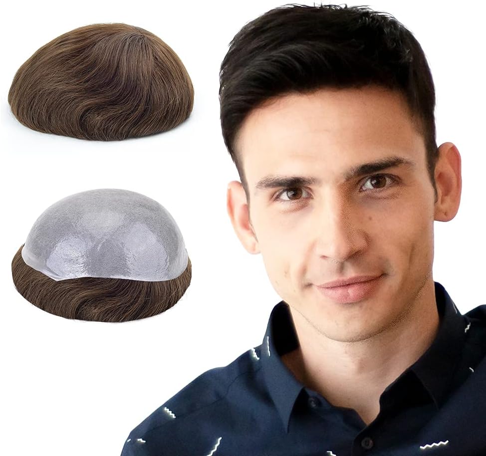 Toupet Homme Naturel Cheveux Humains,Perruque pour Homme,0.06 mm V-looped de Taille de Base de Peau Super Mince 20X25 CM Perruque pour Hommes Remplacement des Cheveux Système-130% Densité Brun Moyen Foncé 4#