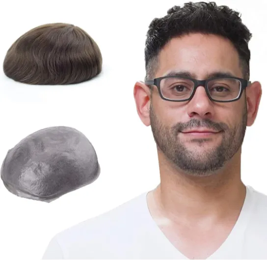 Perruque pour Homme，Toupet Homme Naturel Cheveux Humains, 0,06 mm V-looped de Taille de Base de Peau Super Mince 20X25 CM Perruque pour Hommes Remplacement des Cheveux Système 20 x 25 cm Marron Clair Foncé 3#