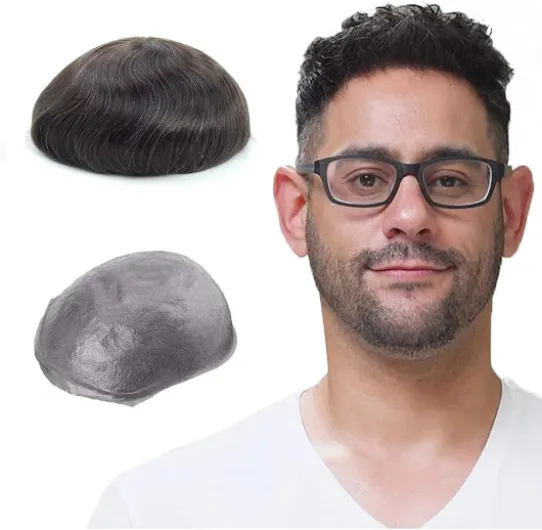 Perruque pour Homme，Toupet Homme Naturel Cheveux Humains, 0,06 mm V-looped de Taille de Base de Peau Super Mince 20X25 CM Perruque pour Hommes Remplacement des Cheveux Système