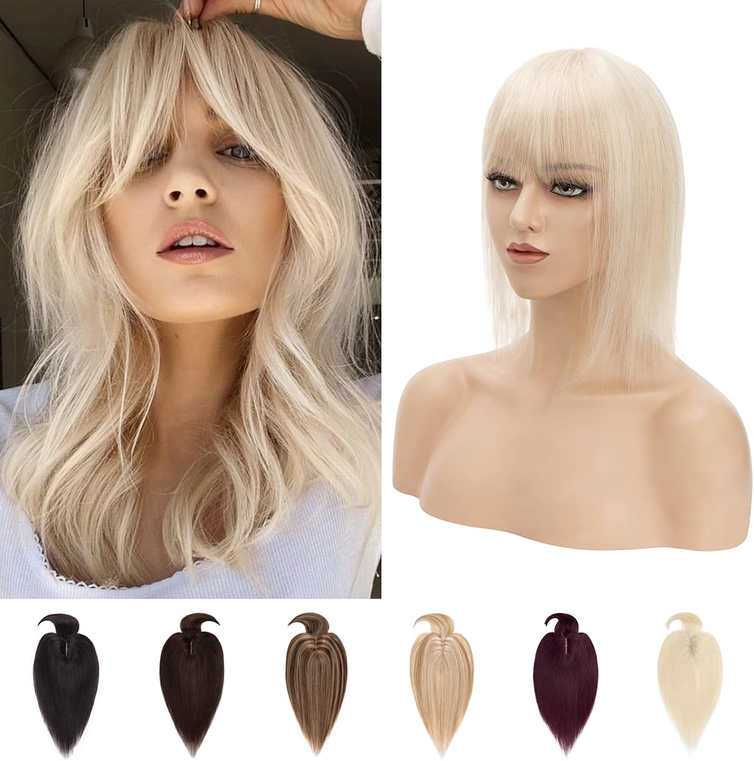 Volumateur Capillaire Femme Naturel Avec Frange Pour Cheveux Fin 7 * 13cm Toupet Femme Base en Soie Densité 150%, 10 Pouces - #18P613 Sable Blond & Blond Très Clair 7*13(Avec Frange)-10 Pouces #18P613 Sable Blond & Blond Très Clair