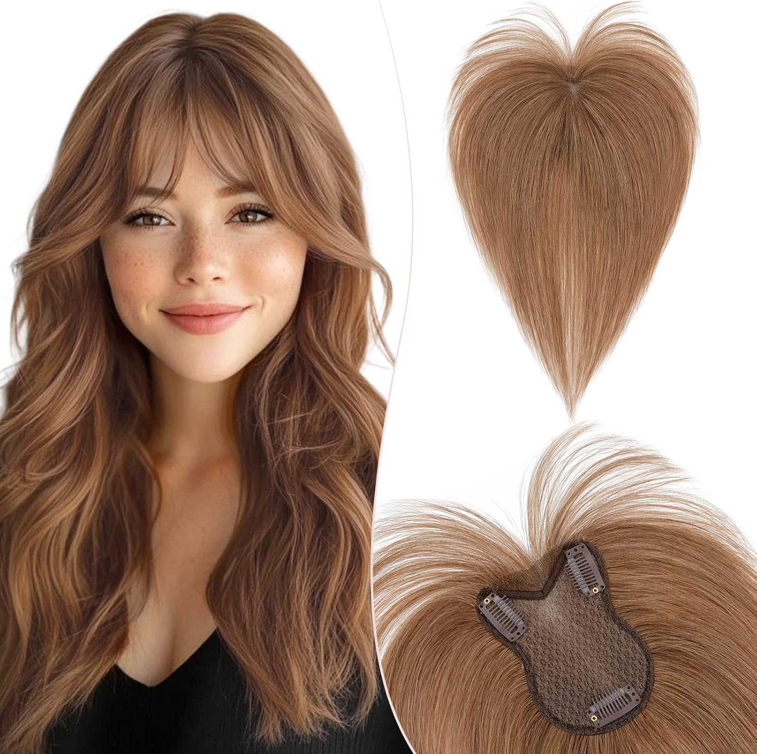 11 Pouces Volumateur Capillaire Femme Naturel Avec Frange Pour Chevelure Clairsemée cheveux humain 8 * 11cm-21g Toupet Femme Densité 150% Base en Soie, #1B Noir Naturel 27cm-Avec Frange #6 Châtain Clair