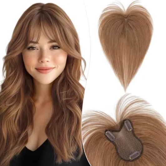 11 Pouces Volumateur Capillaire Femme Naturel Avec Frange Pour Chevelure Clairsemée cheveux humain 8 * 11cm-21g Toupet Femme Densité 150% Base en Soie, #1B Noir Naturel 27cm-Avec Frange #6 Châtain Clair