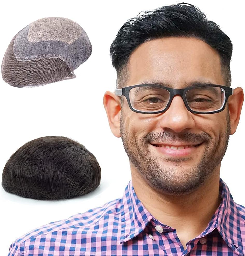 Perruque Homme Naturel, Système de Cheveux Humains Avant de Lacet Injecté Plat de Peau,20 x 25 CM Densité Moyenne Postiche pour Homme Hors Noir 1B#