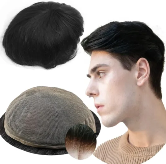 Toupet Cheveux Humains pour Hommes Yanahair Respirant Suisse Dentelle Postiche Base Perruques,8x10 pouces de Densité Moyenne Légère Postiche pour Hommes(#1B Noir naturel)