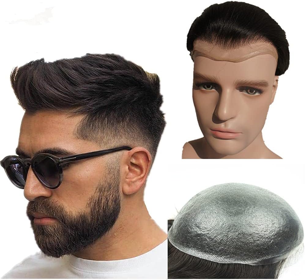 NLW Perruquest Hommes,Postiche Cheveux Naturel pour Homme,0.04mm Peau Mince PU Toupet pour Hommes 110% Densité Base 8 * 10 s'adaptent à toutes les tailles (#1 noir jais)