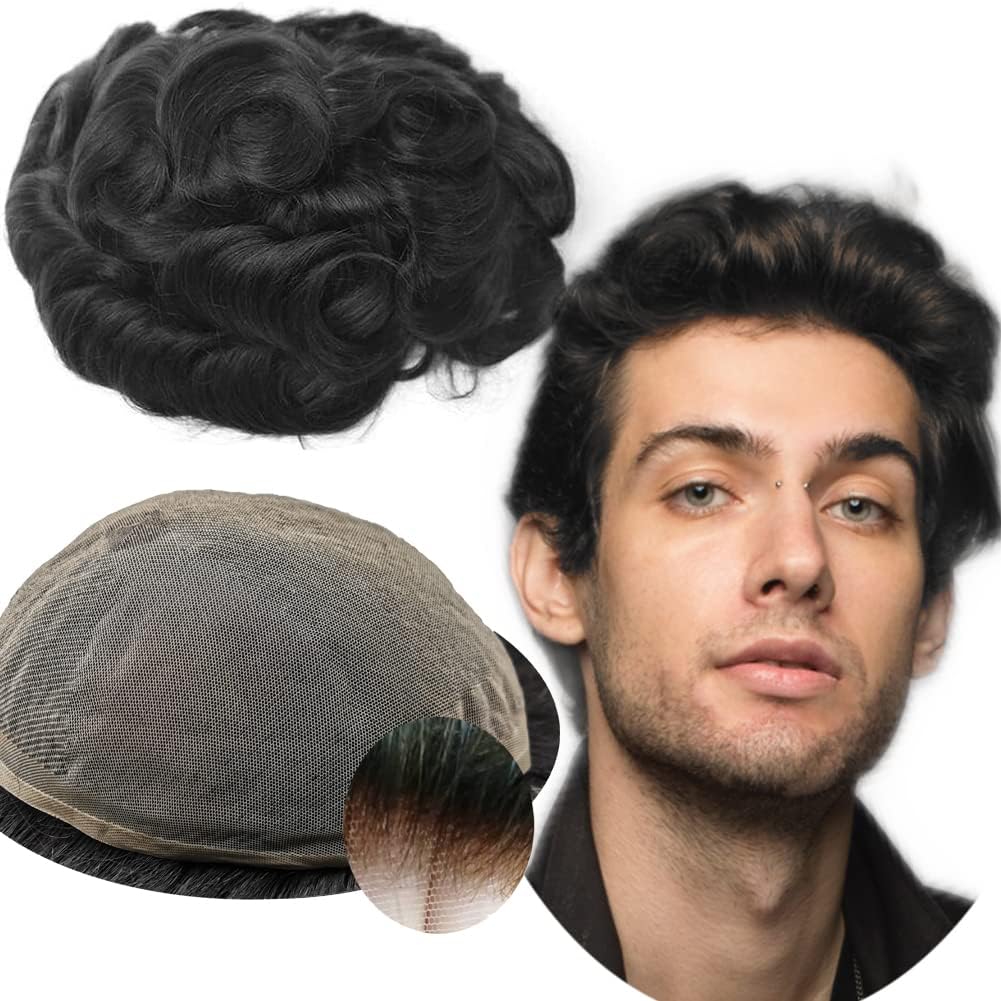 Toupet Cheveux Humains pour Hommes Yanahair Respirant Suisse Dentelle Postiche Base Perruques,8x10 pouces de Densité Moyenne Légère Postiche pour Hommes(#1B Noir naturel)