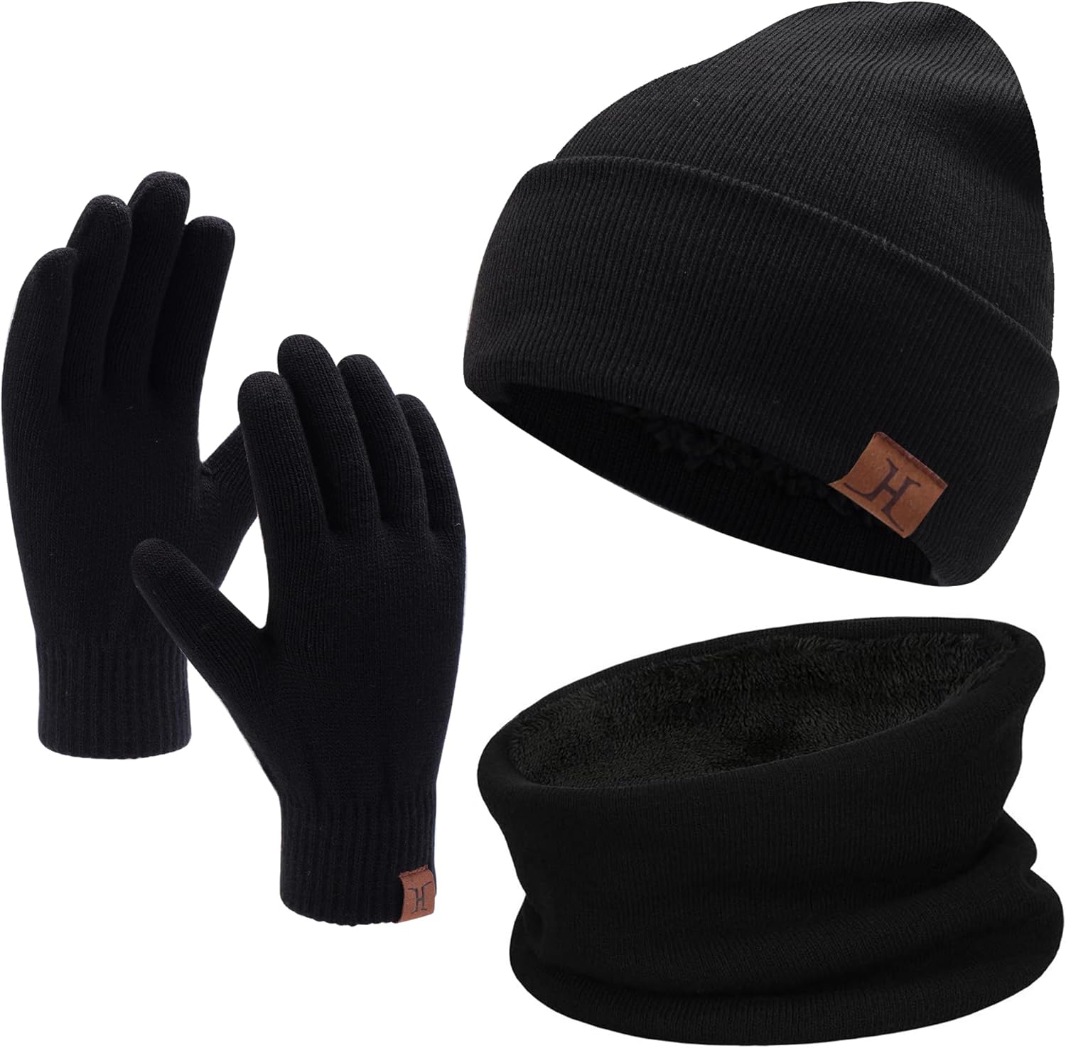 Hommes Femmes Hiver Chaud Bonnet Gants Tactiles Écharpe Tricoter Ensemble avec Doublure Polaire Cadeaux Noel Femme Homme Noir