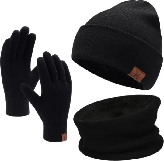 Hommes Femmes Hiver Chaud Bonnet Gants Tactiles Écharpe Tricoter Ensemble avec Doublure Polaire Cadeaux Noel Femme Homme Noir