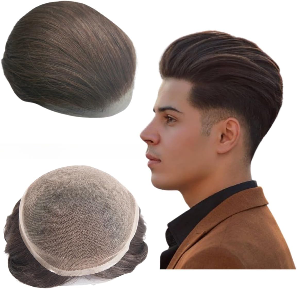 Toupee pour hommes Postiches en dentelle suisse douce 25,4 x 20,32 cm - Système de remplacement de cheveux humains pour hommes - Prothèse capillaire pour hommes (#2 marron foncé)