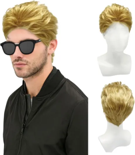 Blond Courte Perruque pour Homme, Postiche Naturelle Moelleuse, Noir Couche Vague Perruques pour Hommes avec Frange Disco Perruque Punk Rock Halloween Cosplay Costume de Fête Quotidien (Blond)