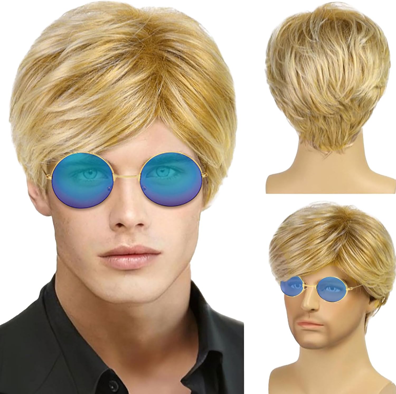 Courte Perruque pour Homme, Postiche Naturelle Moelleuse, Blonde Couche Vague Perruques pour Hommes avec Frange Disco Perruque Punk Rock Halloween Cosplay Costume de Fête Quotidien (Blond)