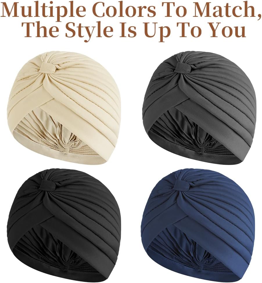 Lot de 4 Turban Africain pour Femme, Chapeau de Sommeil Unisexe, Bonnet Pré-noué Bonnet, Multicolore 1# 4PC(Couleur Unie)