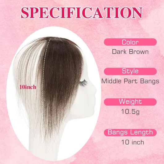 MY-LADY Frange à Clips Cheveux Naturels avec 2 Clips, 100% Cheveux Humains Remy Fausse Frange, Postiche Extension Cheveux Frange, Frange en Bang Perruque pour Femmes(Brun Moka) Frange Médiane avec 2 Clips Brun Moka