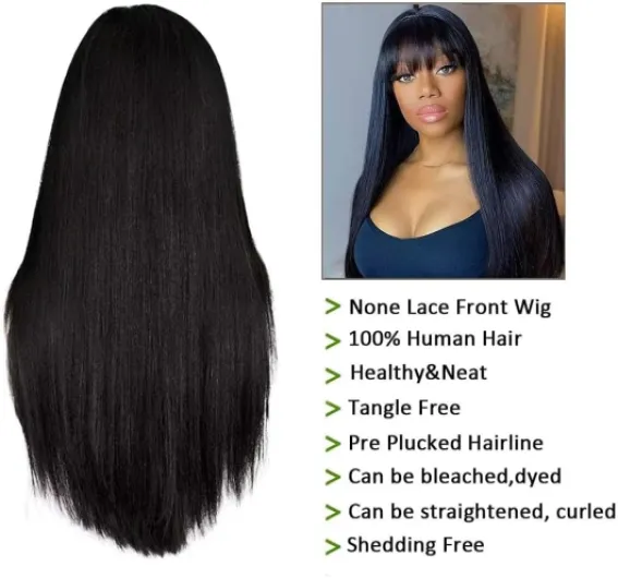 Perruque avec frange perruque bresilienne avec frange cheveux humain perruque de cheveux humains raides avec frange lisse Perruque Femme Naturelle 16 inch 16 Inch (40cm) Natural Black