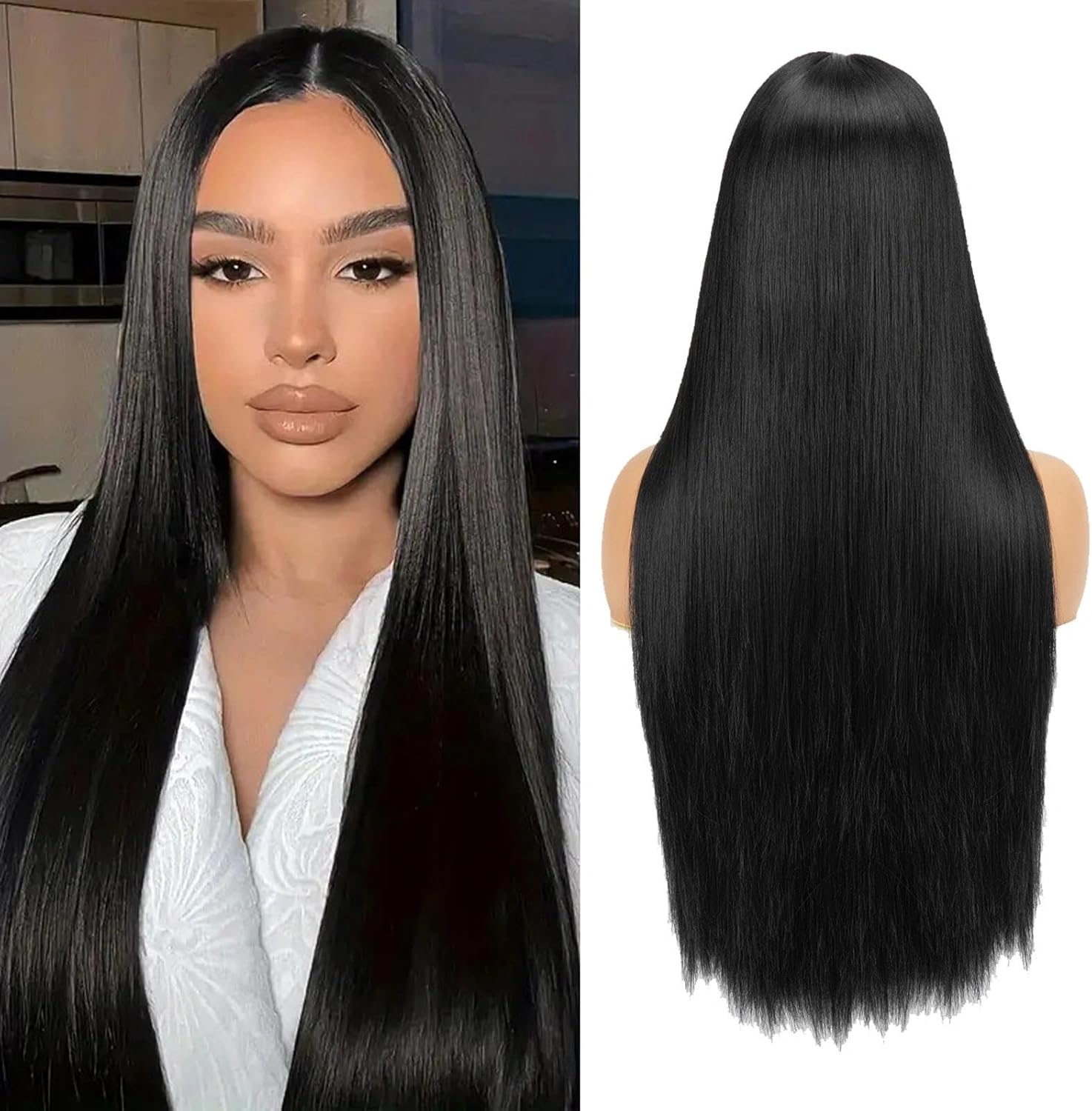 28 Pouces/70 cm Noir Perruque Longue Droite et raide en fibre synthétique résistante à la chaleur, Monochrom Longue Droit Perruques Haut-température fibre Ordinaire Perruques