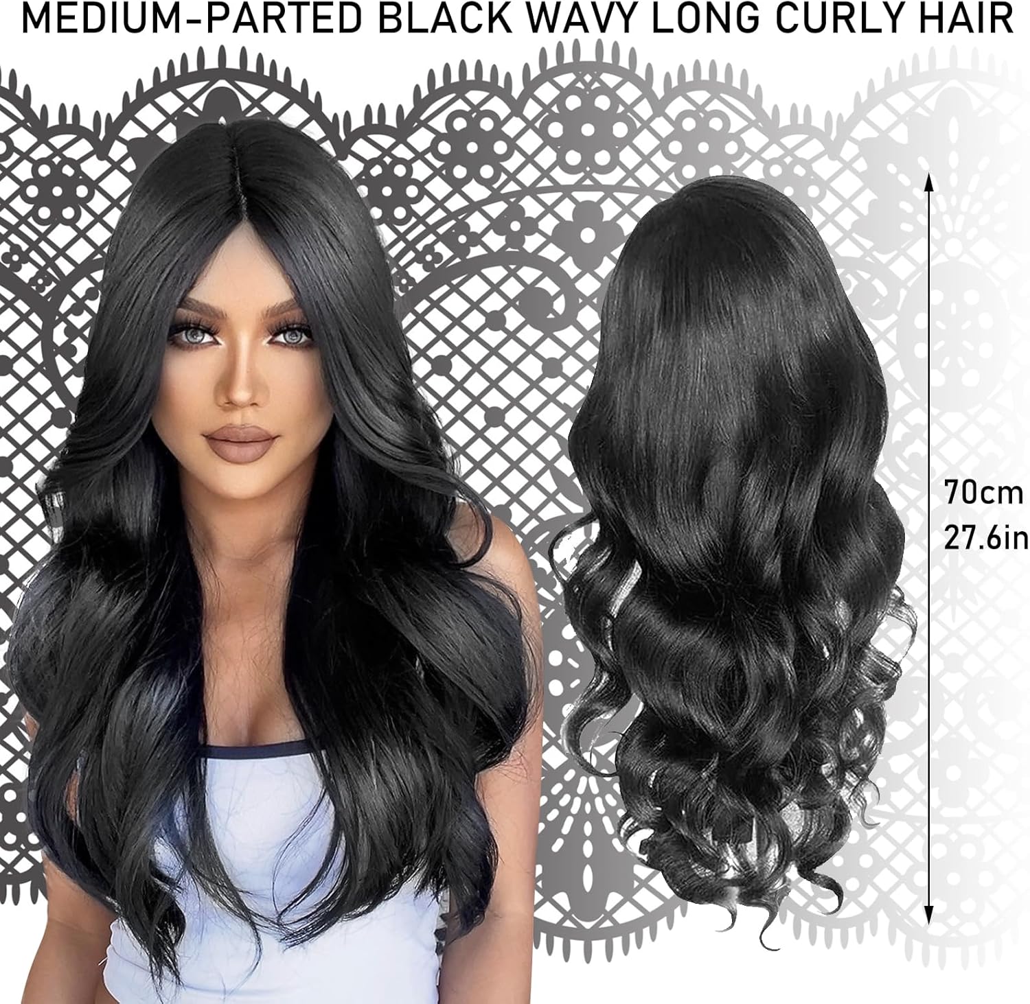 Perruque Longue Noir Ondulé pour Femmes - Longue Perruque Noire avec Franges pour Femmes - Cheveux Synthétiques Brunette avec Frange pour la Fête Quotidienne Cosplay 26 Pouces