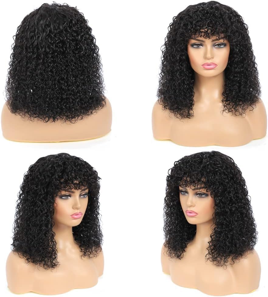 Perruque Femme Naturelle Brésilien Bouclée De Cheveux Humain Avec Frange Sans Colle Curly Bob Wig With Bangs Human Hair Glueless Wig No Lace Bouclée Perruque Femme Courte Noir Naturel 10 Pouces 10 inch