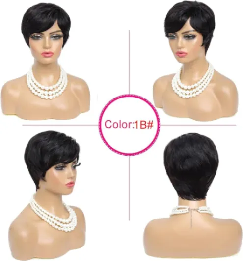 Perruque Courte short Pixie Human Hair Wig with Bangs Perruque De Cheveux Humains lisse Brésilienne Cheveux avec Frange Naturelle Perruques pour Femmes (Noir)