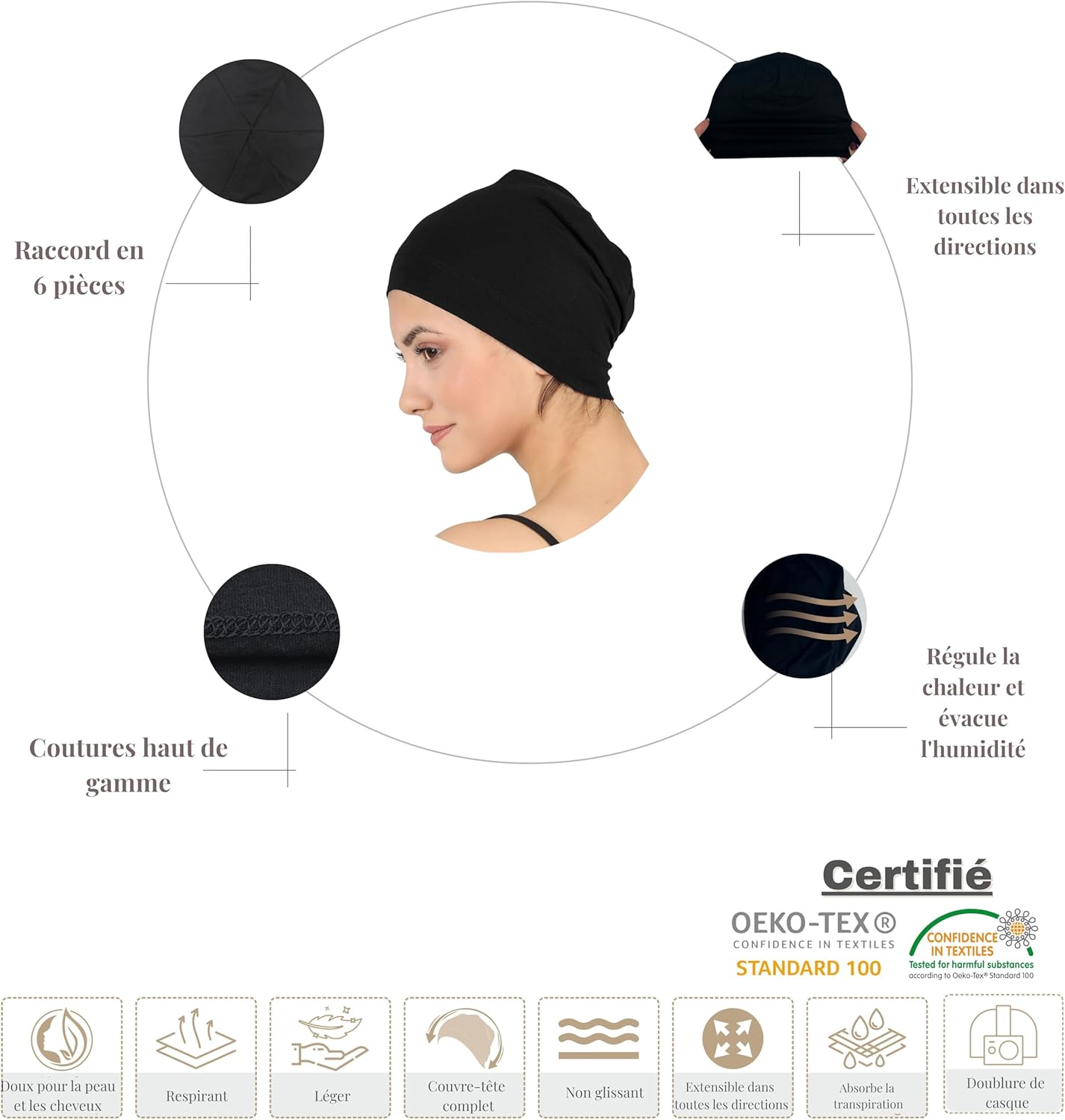 Bonnet de Nuit en Bambou, Coiffe pour Chimio, Chapeau de Sommeil, Beanie pour Femmes & Hommes, Cap pour la Perte de Cheveux, Turban de Chimiothérapie, sous-Casque, Béret pour Le Quotidien, Deresina Taille unique Noir