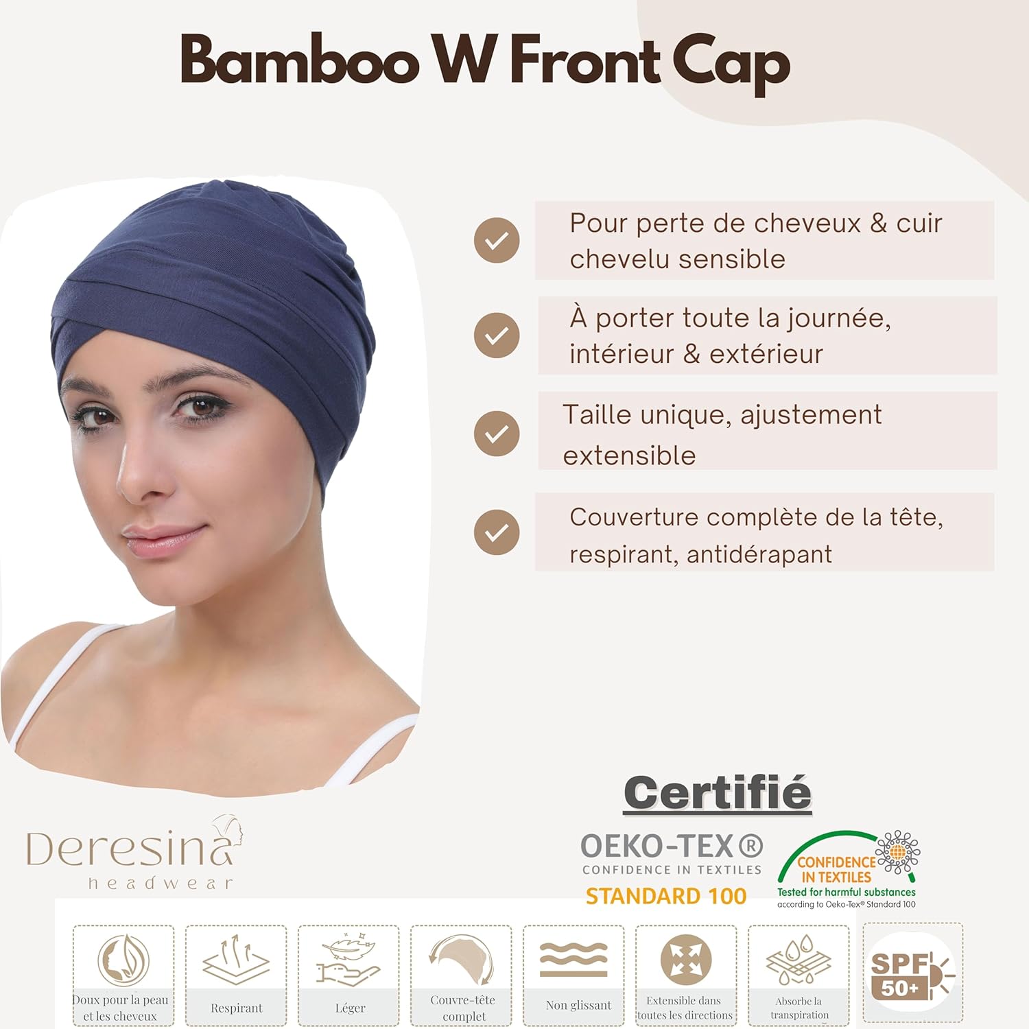 W Bonnet Chimio Femme, Coiffe en Bambou pour Perte de Cheveux, Turban Moderne pour Tous Les Jours, Bonnet de Nuit Respirant, Doux et Confortable, Couverture Totale du Cuir Chevelu par Deresina Taille unique Denim