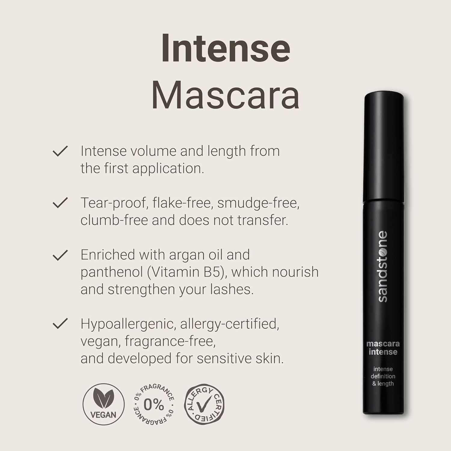 Mascara Intense pour Yeux Sensibles - Hypoallergénique & Vegan - Anti-Bavures - Allongeant & Séparateur - Sans Parfum (Noir)