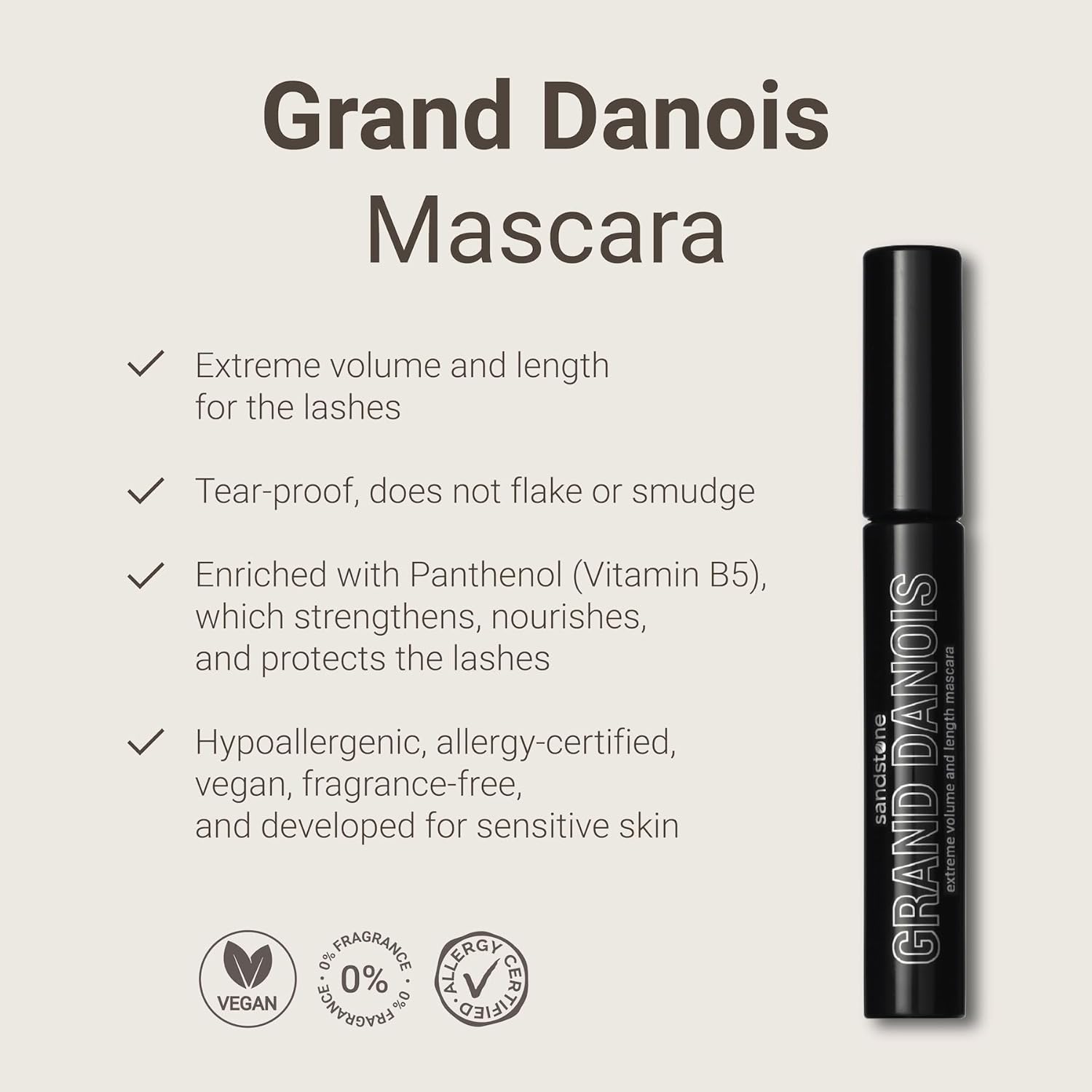 Grand Danois Mascara Noir pour Yeux Sensibles - Hypoallergénique & Vegan - Volume & Longueur Intenses - Anti-Bavures - Sans Parfum
