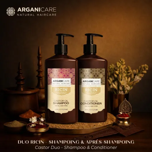 Duo ARGANICARE(Shampooing accélérateur de croissance + Après shampooing Reconstructeur) à l’huile de ricin Bio 400ml (Set de 2 Produits) Duo Ricin Croissance