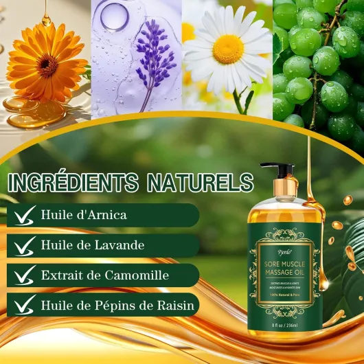 Huile de Massage Relaxant pour Préparation et Récupération Sportives, Huile de Massage Professionnelle, Contenant de Huile Arnica et de la Lavande, Apaisant les Muscles et les Articulations