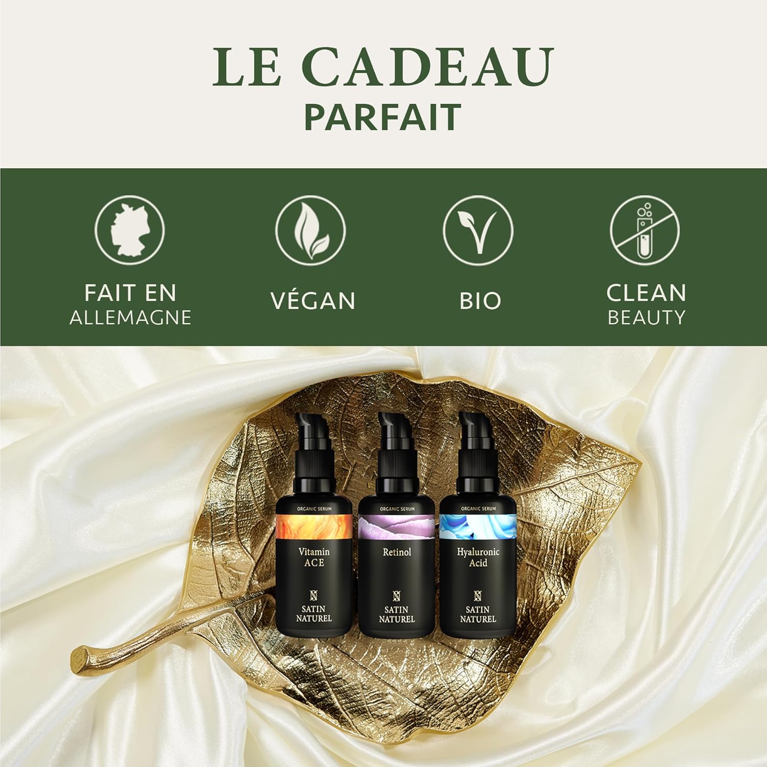 Coffret Cadeau Premium pour Femme – 3x30ml Sérums Visage Vegan – Acide Hyaluronique, Rétinol & Vitamines ACE – Idée Cadeau pour Elle – Cosmétiques Naturels