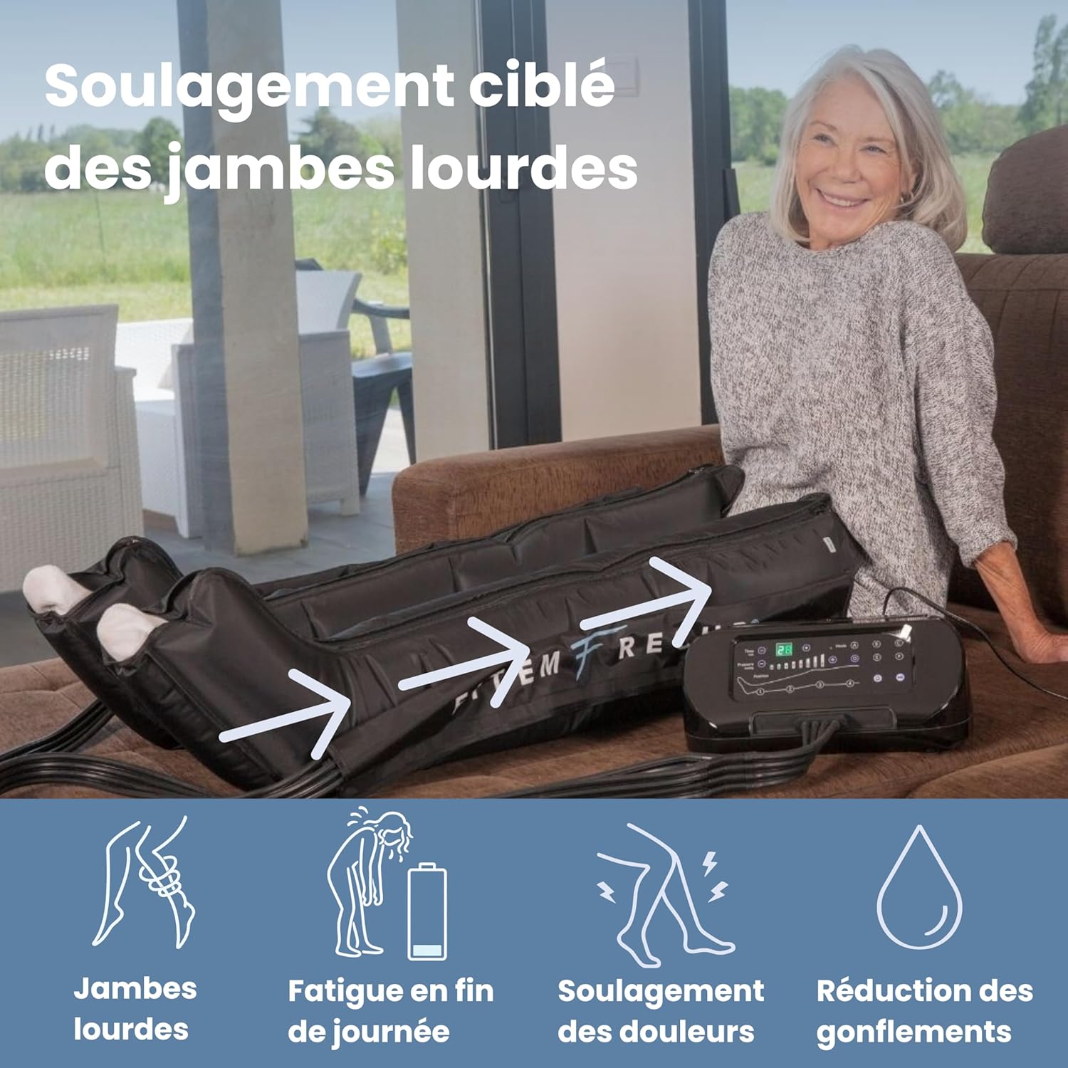 Bottes de pressothérapie jambes FITEM – Jambe lourde & drainage lymphatique - Amélioration Circulation sanguine jambe, massage fluide, confort toutes morphologies, utilisation simple, SAV français